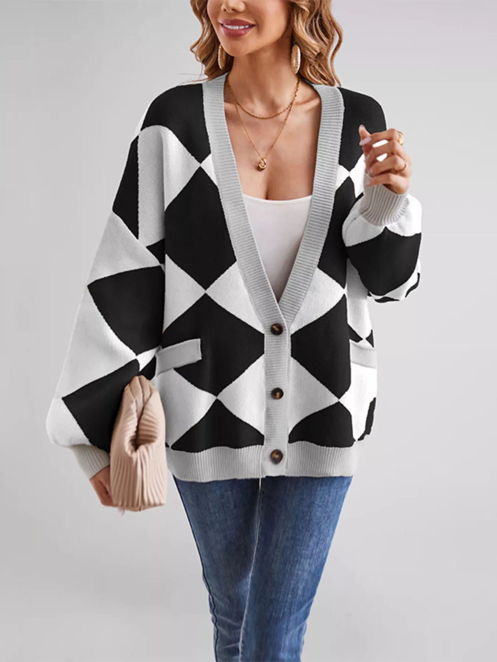 Diamond Pattern Button-Up Knit Cardigan - Trendsi - Flyclothing LLC