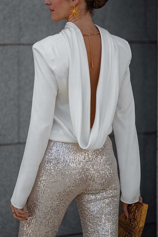 Backless Cowl Neck Long Sleeve Blouse - Trendsi - Flyclothing LLC