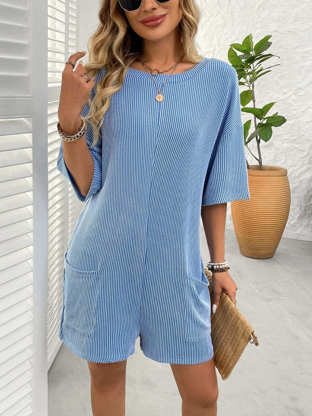 Backless Textured Round Neck Half Sleeve Romper - Trendsi - Flyclothing LLC