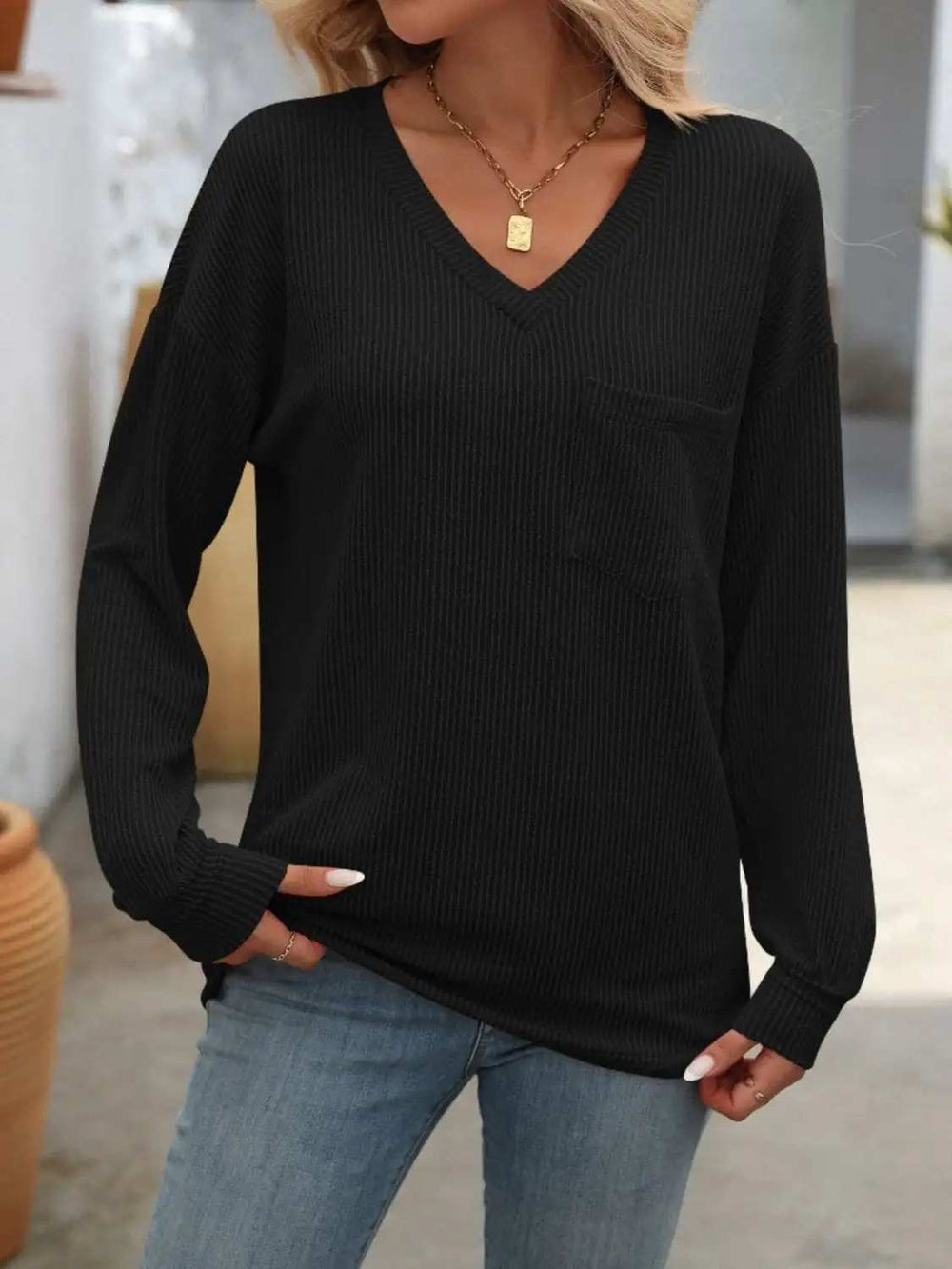 V-Neck Long Sleeve T-Shirt - Trendsi - Flyclothing LLC