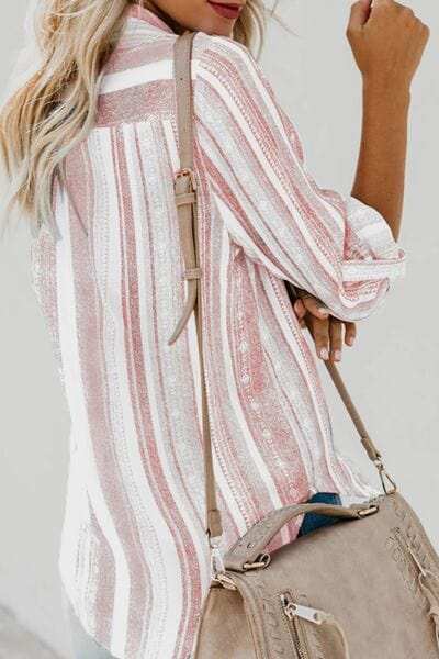 Striped Collared Neck Long Sleeve Shirt - Trendsi - Flyclothing LLC