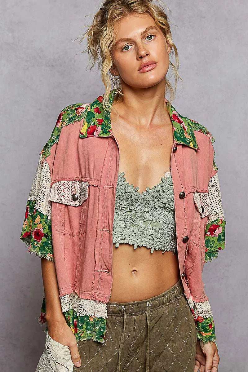 POL Lace Patch Floral Half Sleeve Shacket - Trendsi - Flyclothing LLC