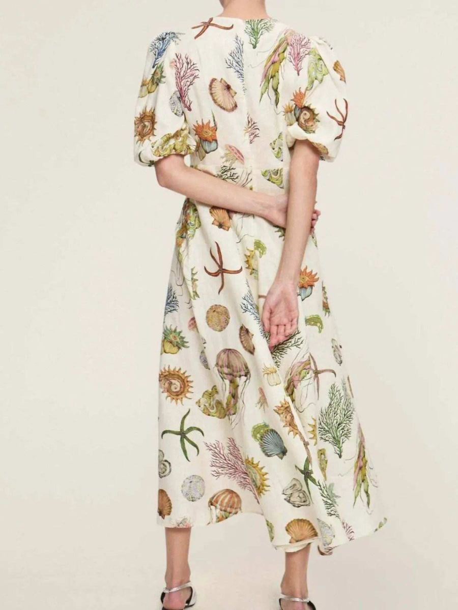 Printed Round Neck Puff Sleeve Dress - Trendsi - Flyclothing LLC