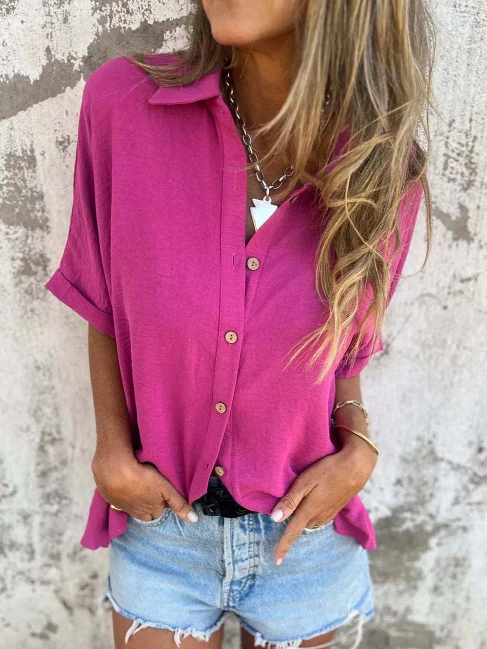 Full Size Collared Neck Half Sleeve Shirt Plus Size - Trendsi - Flyclothing LLC
