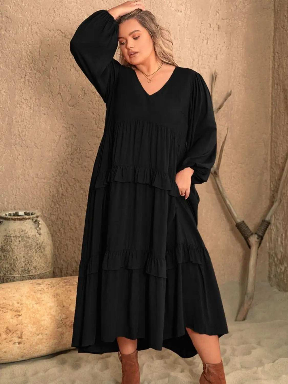 Plus Size Ruffled V-Neck Long Sleeve Dress - Trendsi - Flyclothing LLC