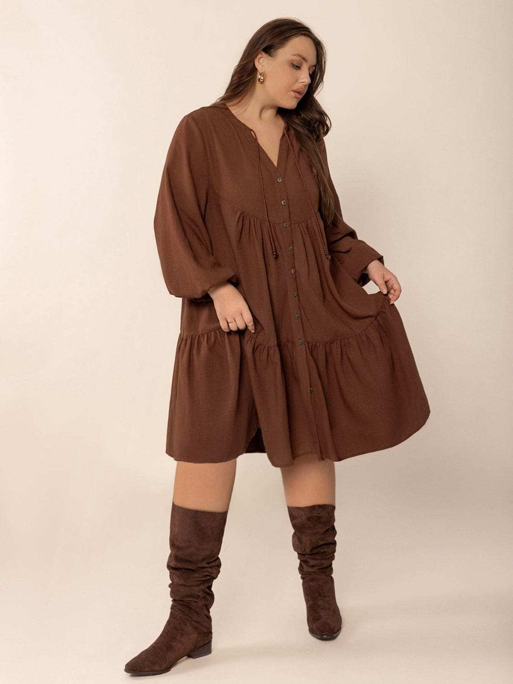 Plus Size Tie Neck Balloon Sleeve Tiered Dress - Trendsi - Flyclothing LLC
