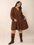 Plus Size Tie Neck Balloon Sleeve Tiered Dress - Trendsi - Flyclothing LLC