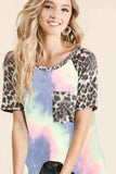 BiBi Tie Dye Knit Top with Leopard Raglan Sleeves - Trendsi - Flyclothing LLC