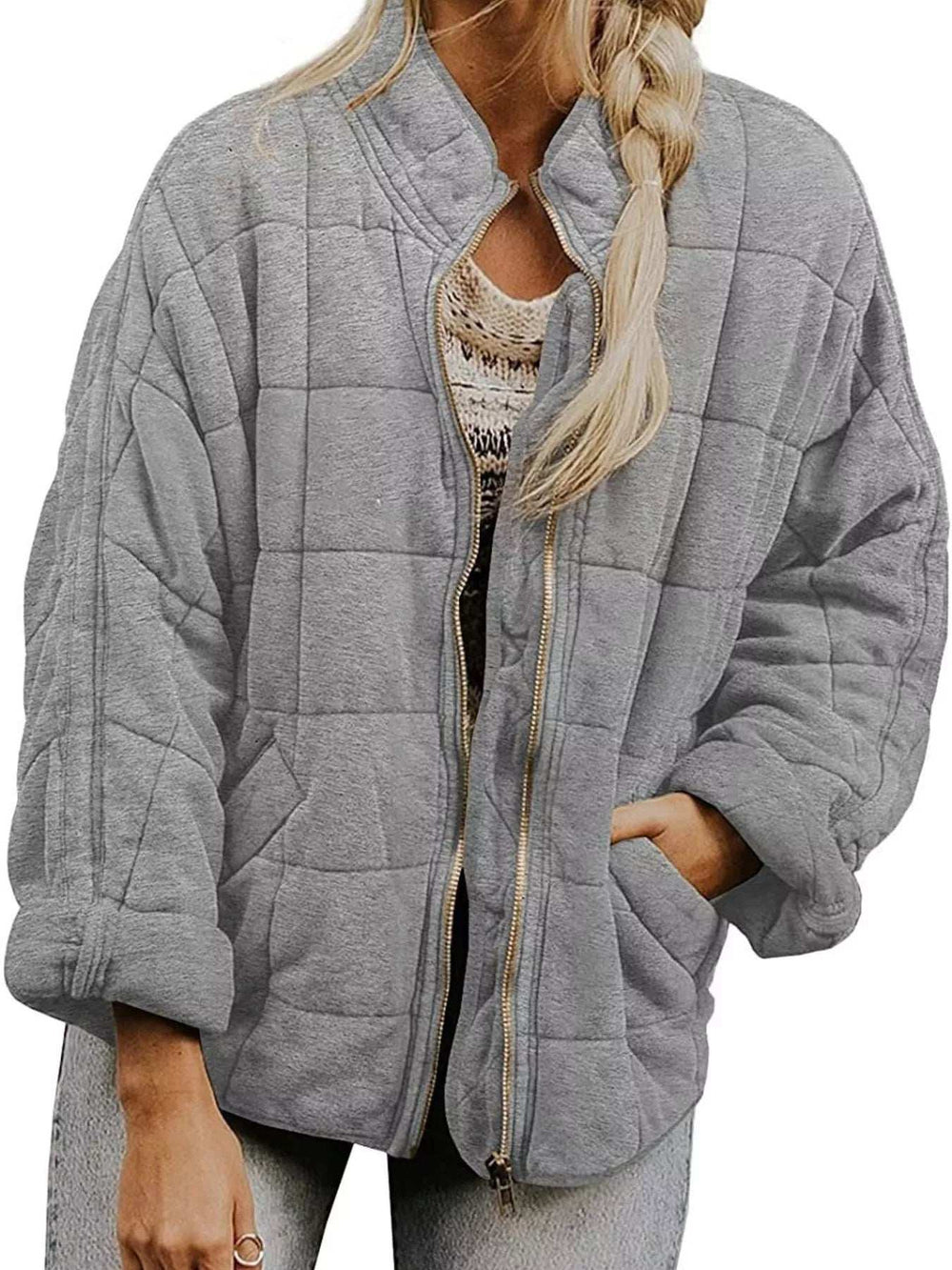 Full Size Zip Up Quilted Bomber Jacket Plus Size - Trendsi - Flyclothing LLC
