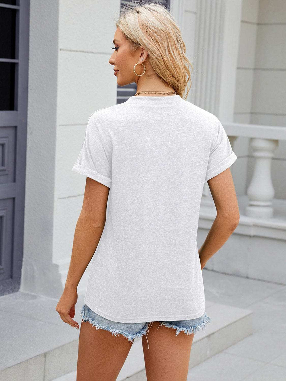Decorative Button Notched Short Sleeve T-Shirt - Trendsi - Flyclothing LLC
