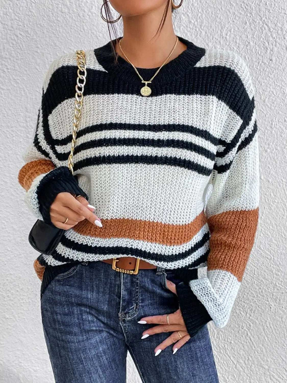 Contrast Striped Round Neck Long Sleeve Sweater - Trendsi - Flyclothing LLC