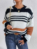 Contrast Striped Round Neck Long Sleeve Sweater - Trendsi - Flyclothing LLC