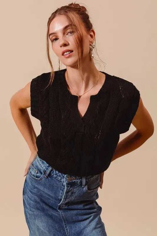 SO ME Notched Neck Cable Knit Sweater Vest - Trendsi - Flyclothing LLC