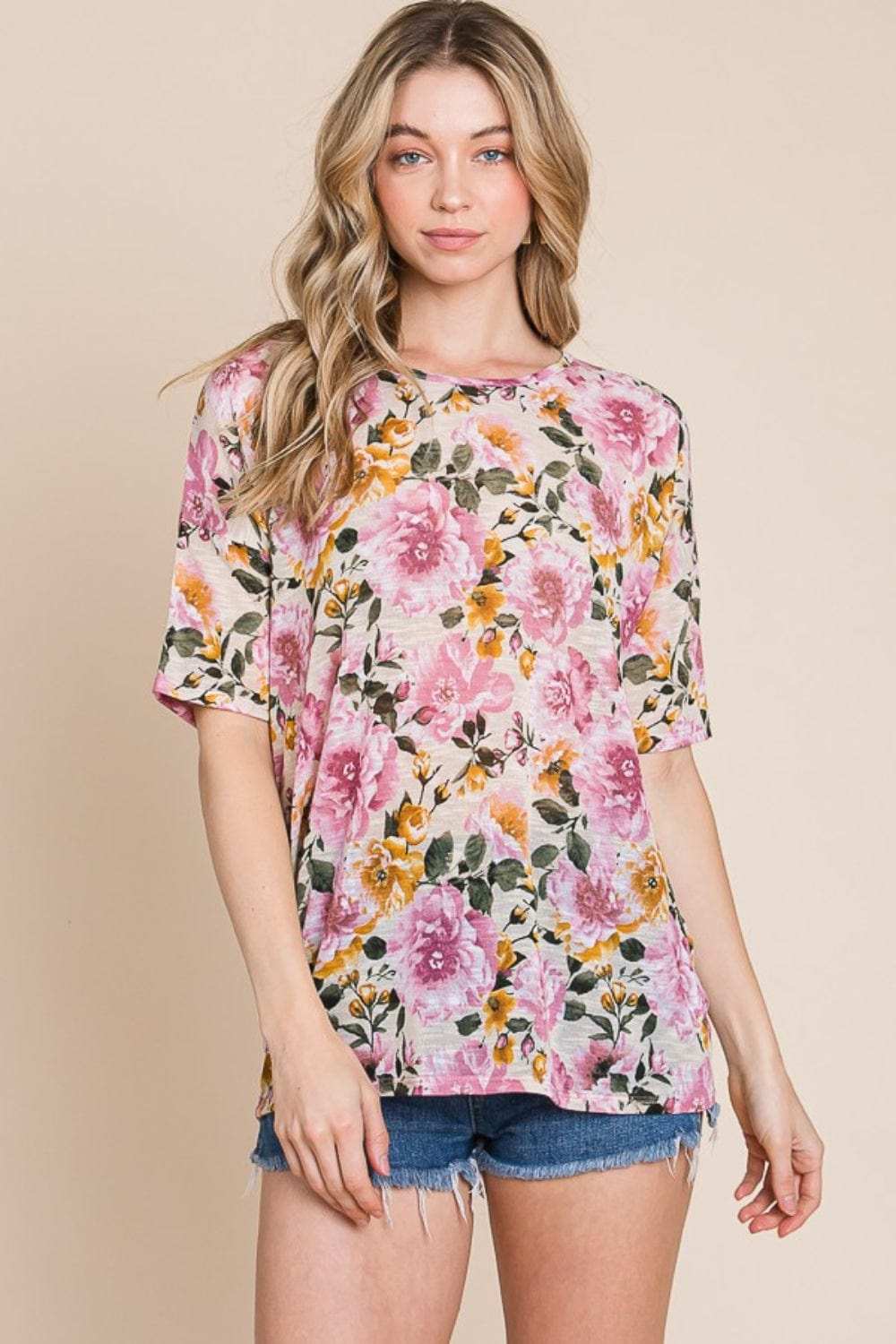 BOMBOM Floral Round Neck T-Shirt - Trendsi - Flyclothing LLC