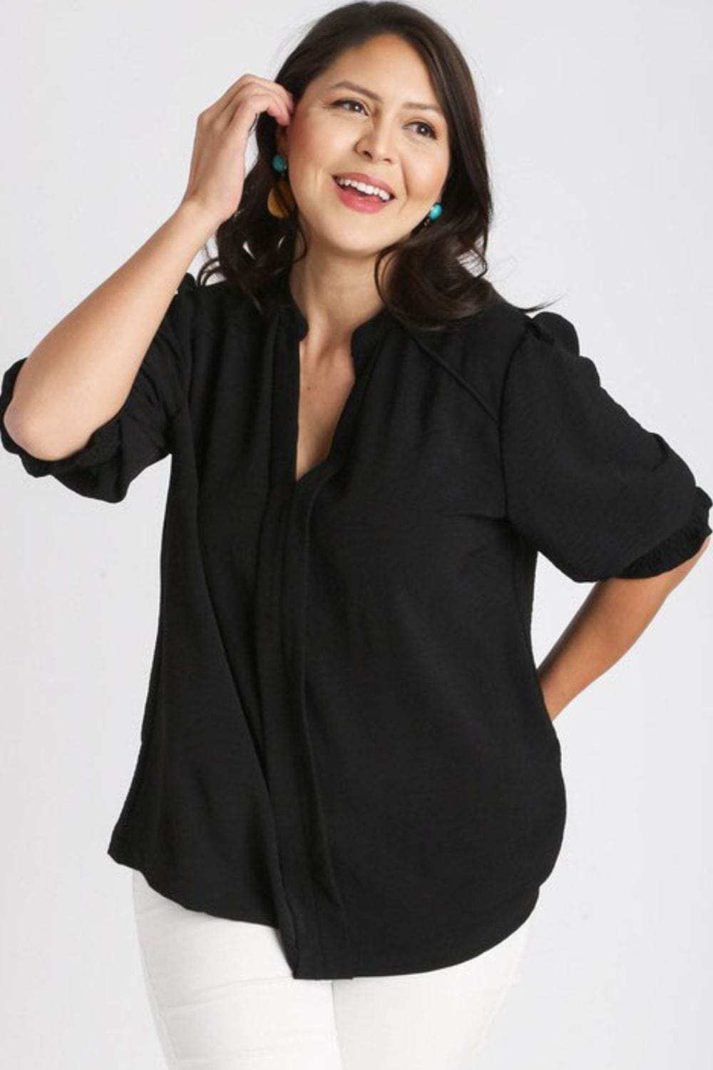 Umgee Full Size Split Neck Boxy Cut Top with Piping Details Plus Size - Trendsi - Flyclothing LLC