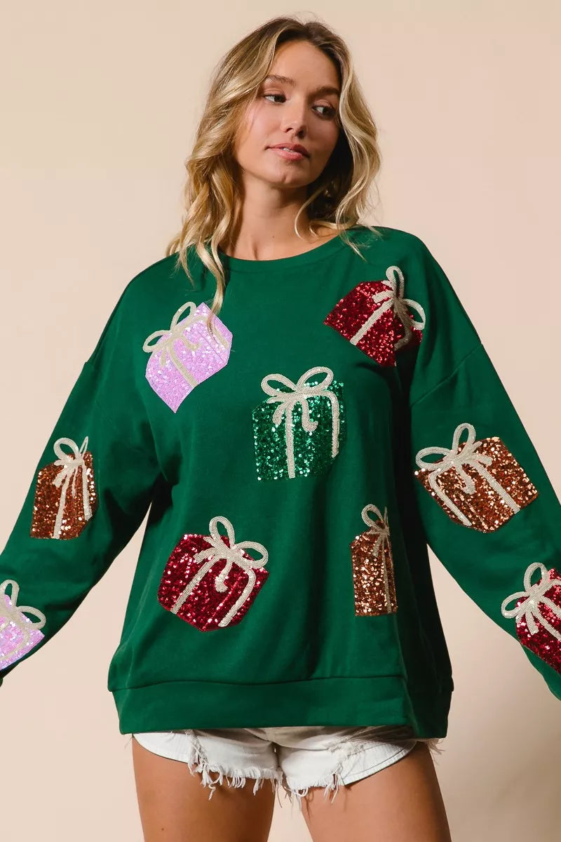 BiBi Sequin Christmas Gift Box Embroideries Pullover - Trendsi - Flyclothing LLC