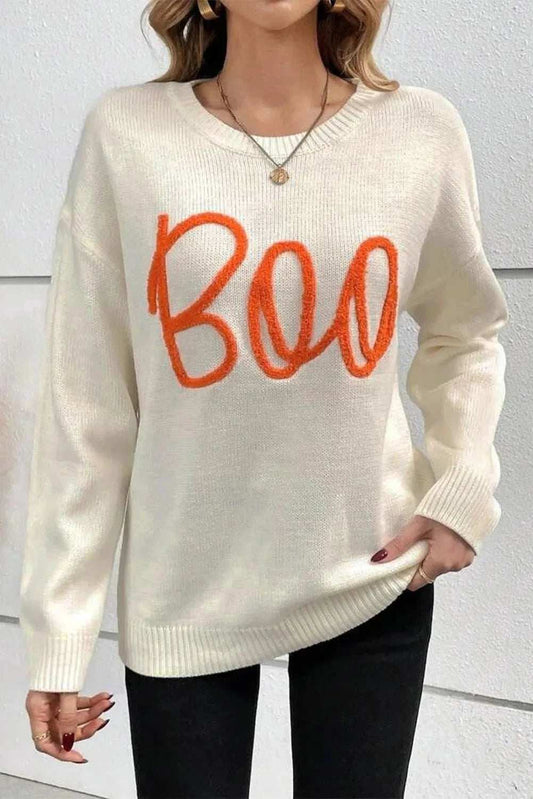 BOO Round Neck Long Sleeve Sweater - Trendsi - Flyclothing LLC