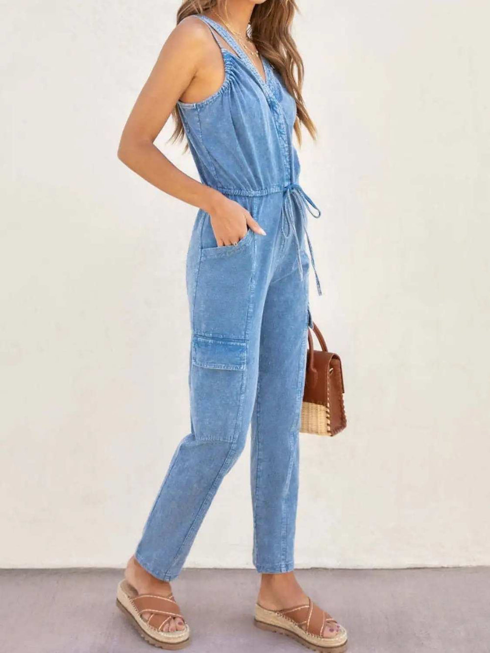 V-Neck Sleeveless Denim Jumpsuit - Trendsi - Flyclothing LLC