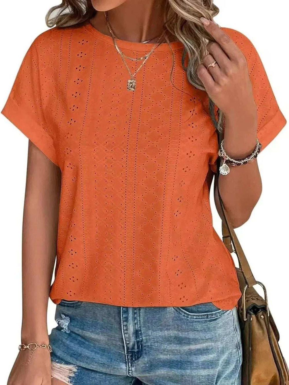 Eyelet Round Neck Short Sleeve Top - Trendsi - Flyclothing LLC