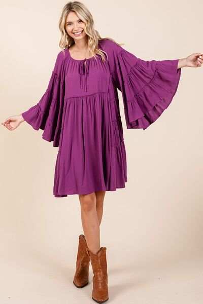 Mittoshop Frill Tie Neck Bell Sleeve Dress - Trendsi - Flyclothing LLC