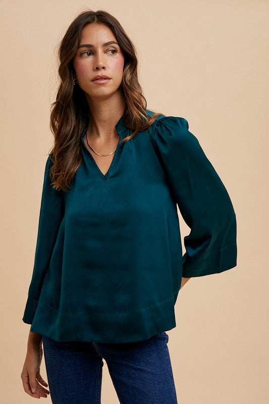 Annie Wear Satin Notched Three-Quarter Sleeve Blouse - Trendsi - Flyclothing LLC