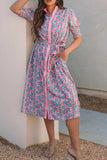 Printed Shirred Sleeve Buttoned Front Midi Dress with Sash - Trendsi - Flyclothing LLC
