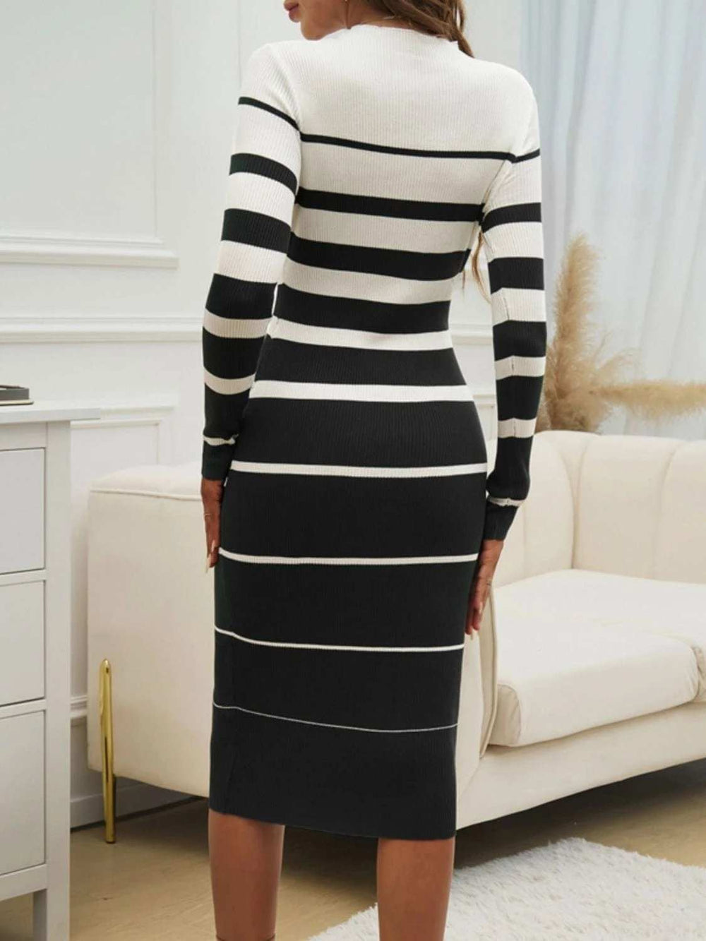 Color Block Round Neck Long Sleeve Midi Dress - Trendsi - Flyclothing LLC