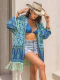 Fringe Printed Open Front Cover-Up - Trendsi - Flyclothing LLC