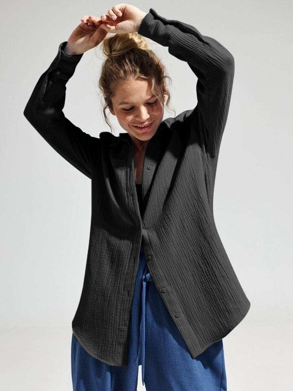 Textured Collared Neck Long Sleeve Shirt - Trendsi - Flyclothing LLC