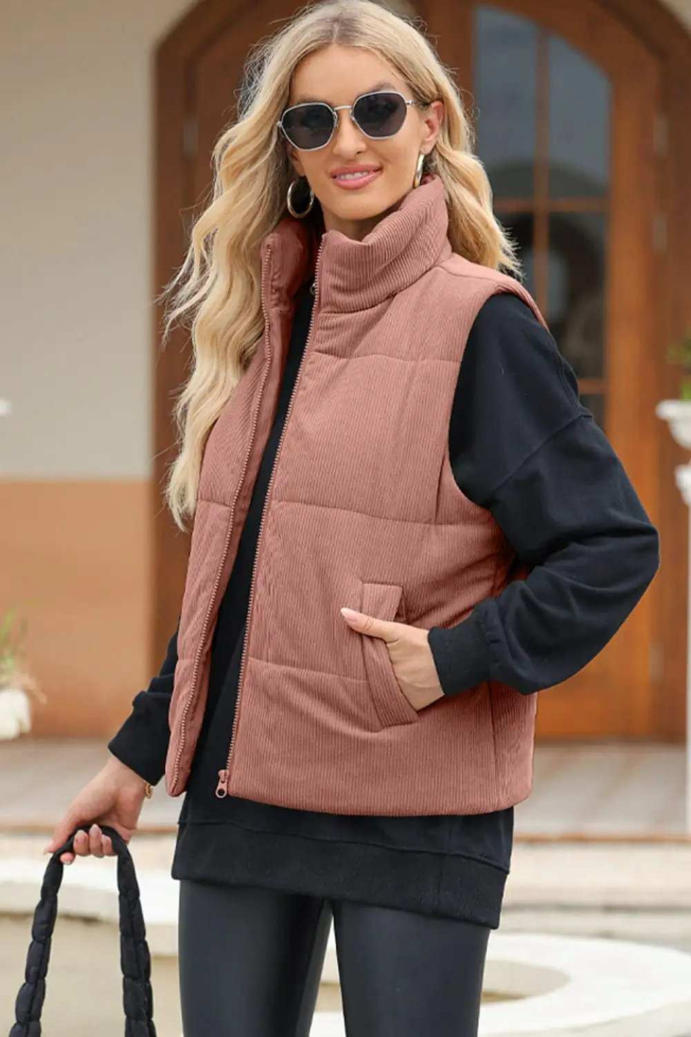 Pocketed Zip Up Turtleneck Vest Coat - Trendsi - Flyclothing LLC