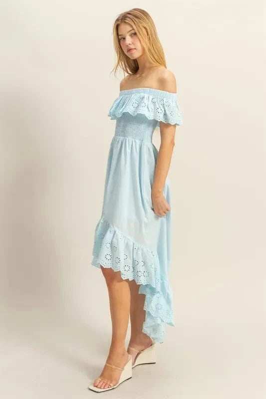 HYFVE High-Low Eyelet Ruffled Off-Shoulder Dress - Trendsi - Flyclothing LLC