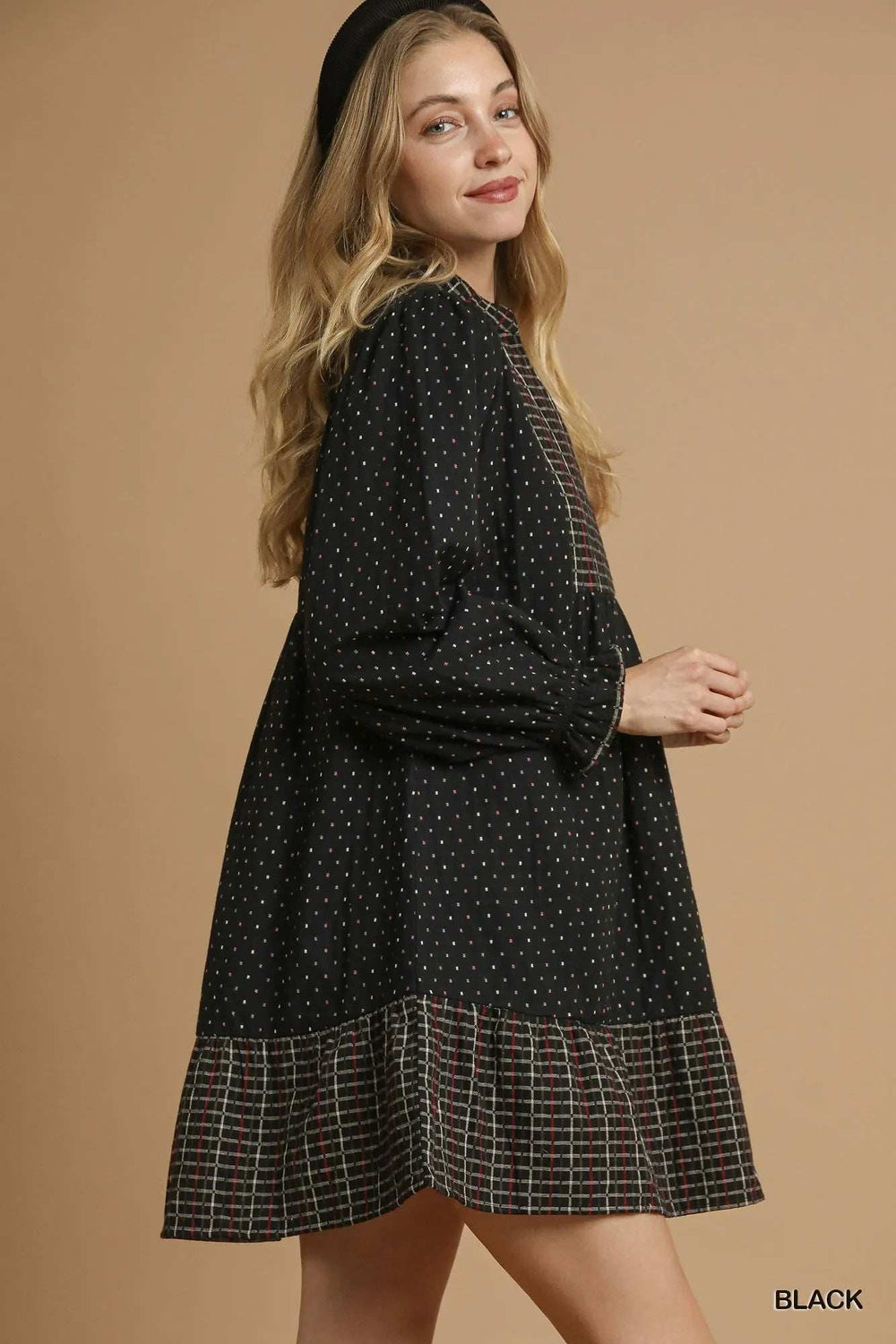 Umgee Polka Dot Plaid Trim Babydoll Dress - Trendsi - Flyclothing LLC