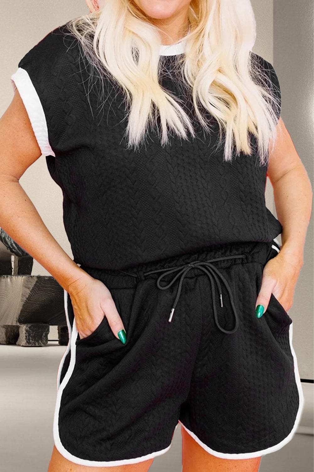 Contrast Trim Round Neck Top and Shorts Set - Trendsi - Flyclothing LLC