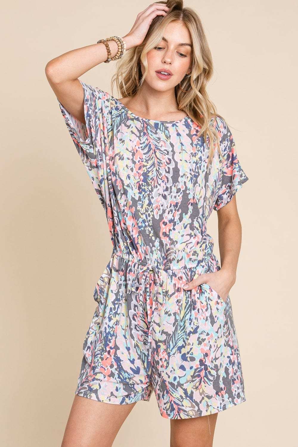 BOMBOM Printed Short Sleeve Drawstring Romper - Trendsi - Flyclothing LLC