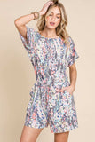 BOMBOM Printed Short Sleeve Drawstring Romper - Trendsi - Flyclothing LLC