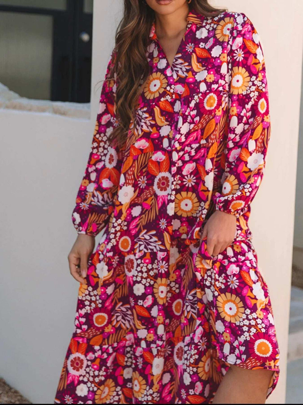 Floral Print Long Sleeve Midi Dress with Pockets - Trendsi - Flyclothing LLC