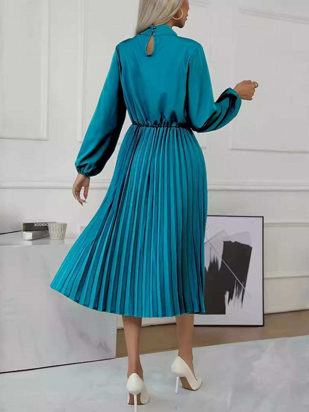 Mock Neck Long Sleeve Pleated Dress - Trendsi - Flyclothing LLC