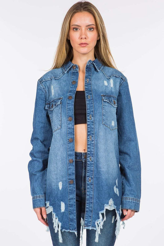 American Bazi Distressed Frayed Hem Denim Jacket - Trendsi - Flyclothing LLC