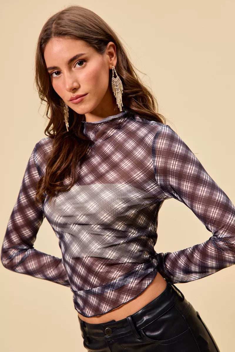 SO ME Plaid Mesh Knit Long Sleeve Top with Thumb Opening - Trendsi - Flyclothing LLC