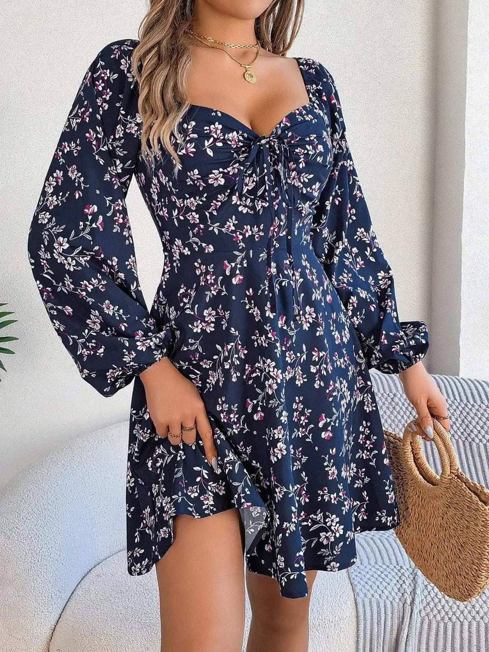 Printed Sweetheart Neck Balloon Sleeve Mini Dress - Trendsi - Flyclothing LLC