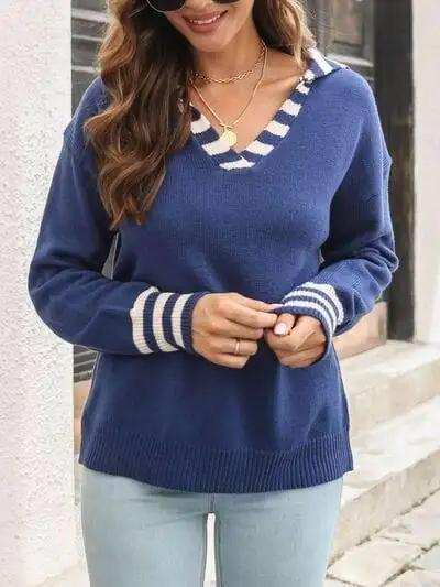Striped Trim Drop Shoulder Sweater - Trendsi - Flyclothing LLC