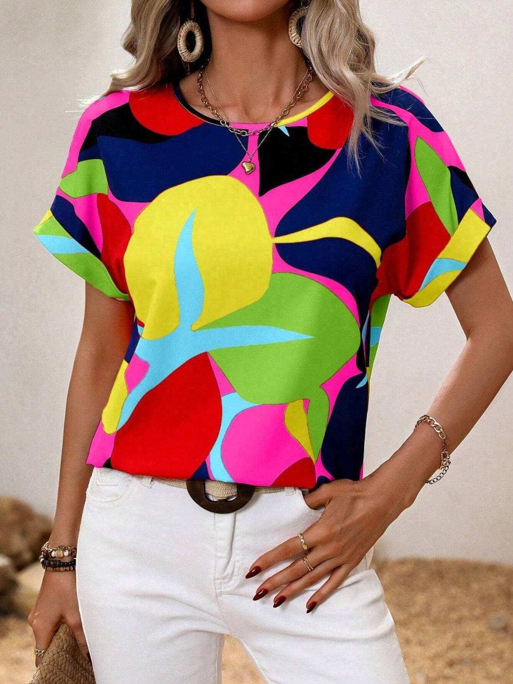 Contrast Round Neck Short Sleeve Blouse - Trendsi - Flyclothing LLC