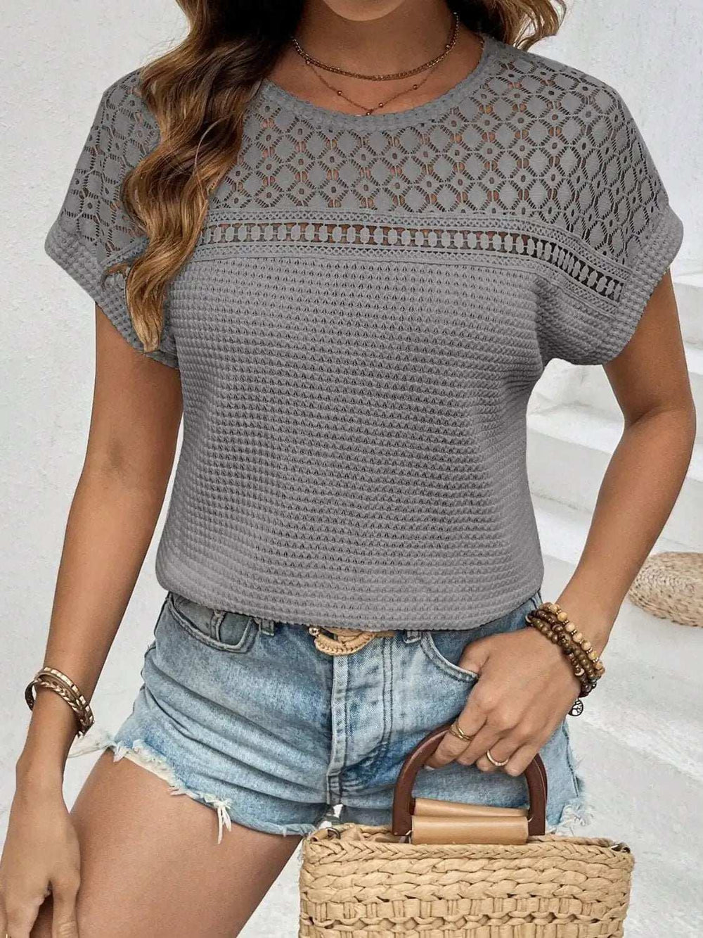 Waffle-Knit Round Neck Short Sleeve Top - Trendsi - Flyclothing LLC