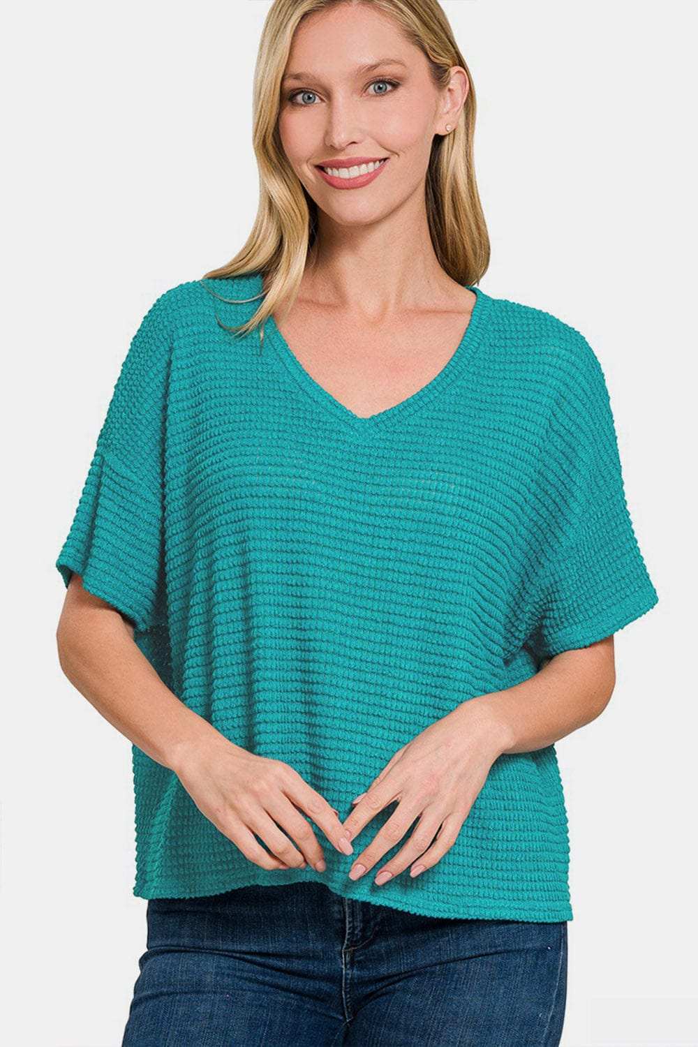 Zenana Drop Shoulder Short Sleeve Jacquard Knit Top - Trendsi - Flyclothing LLC