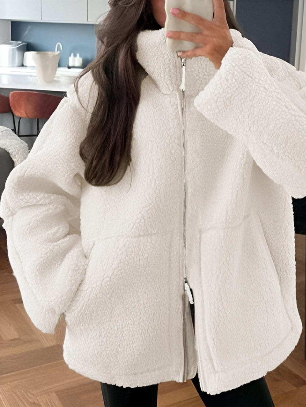 Zip Up Turtleneck Long Sleeve Plush Jacket - Trendsi - Flyclothing LLC