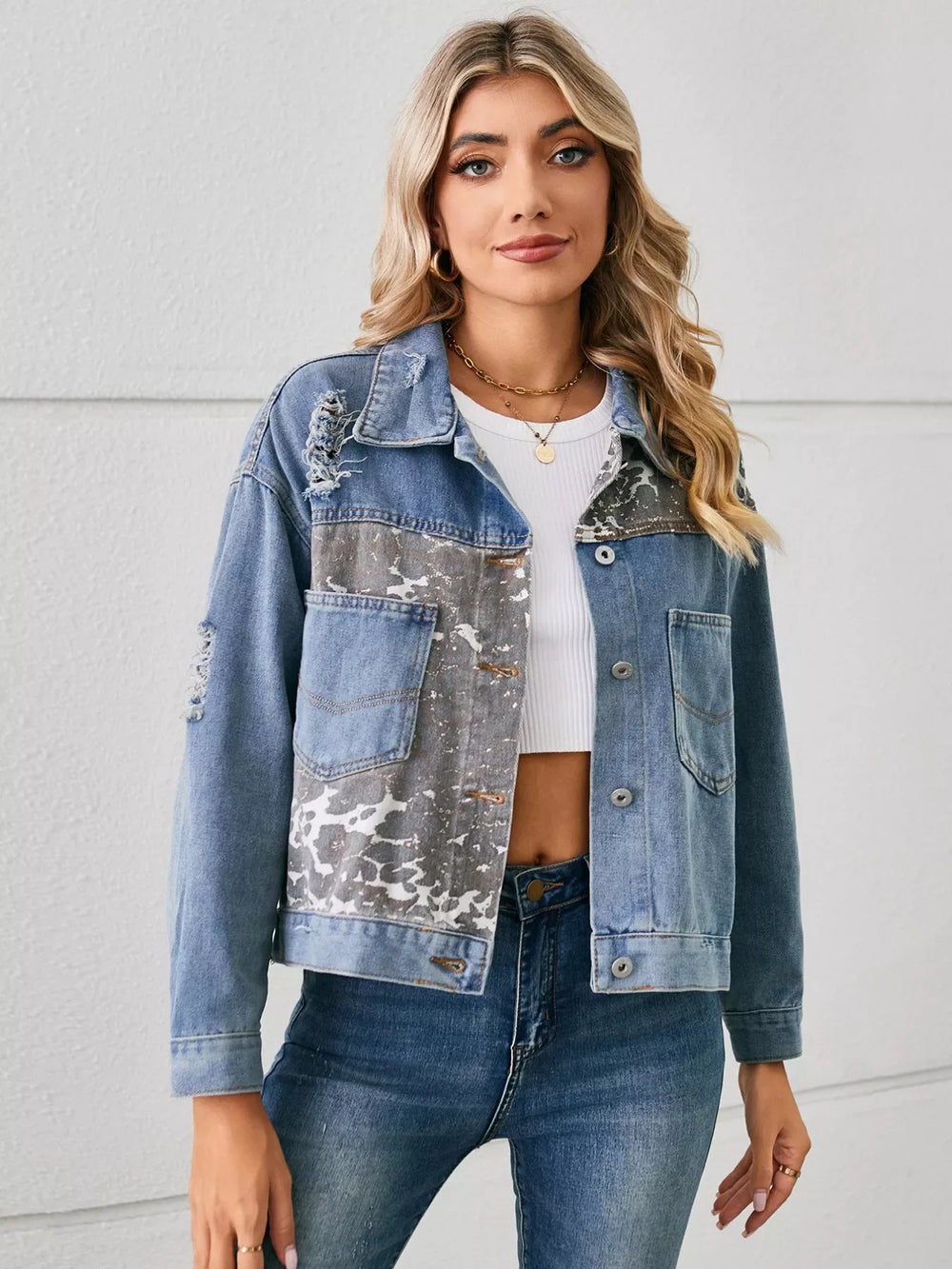Snake Print Button Up Denim Jacket - Trendsi - Flyclothing LLC