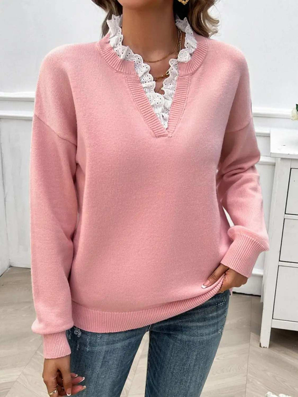 Lace Detail Notched Long Sleeve Sweater - Trendsi - Flyclothing LLC