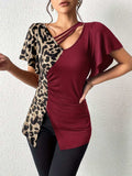 Ruched Leopard Flutter Sleeve T-Shirt - Trendsi - Flyclothing LLC