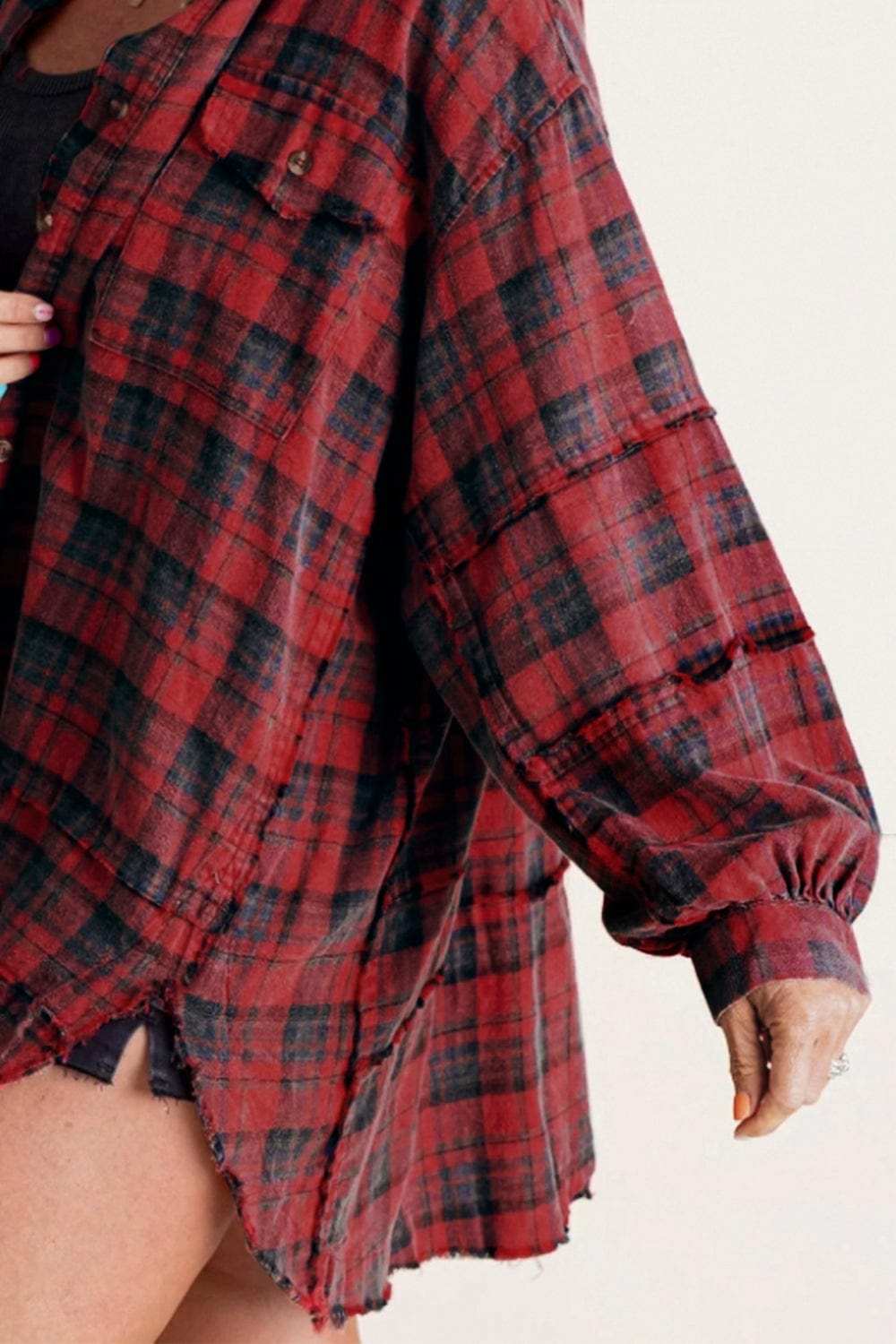 Exposed Seam Plaid Collared Neck Long Sleeve Shirt - Trendsi - Flyclothing LLC