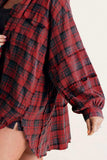Exposed Seam Plaid Collared Neck Long Sleeve Shirt - Trendsi - Flyclothing LLC